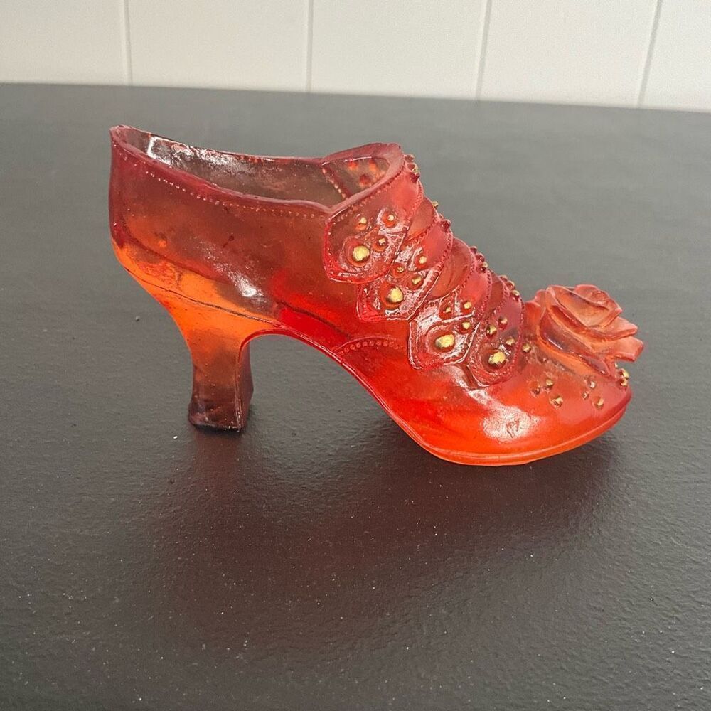 K's Collection Glass Hobnail High Heel Shoe Red with Flower Strappy 2" Tall